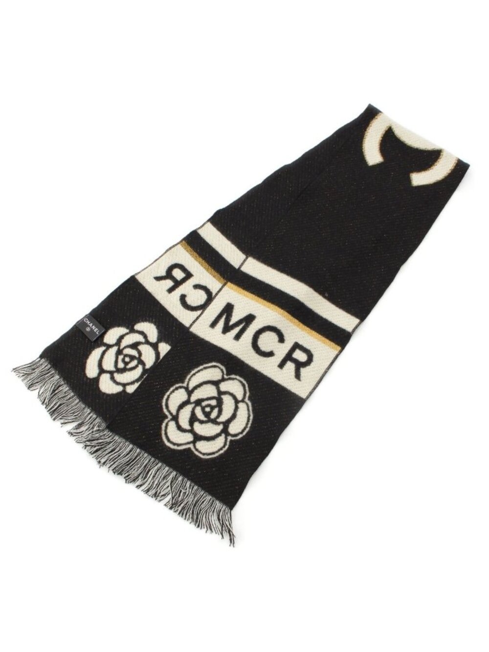 Chanel Cashmere Wool CC Logo Camellia Mcr Scarf Black White